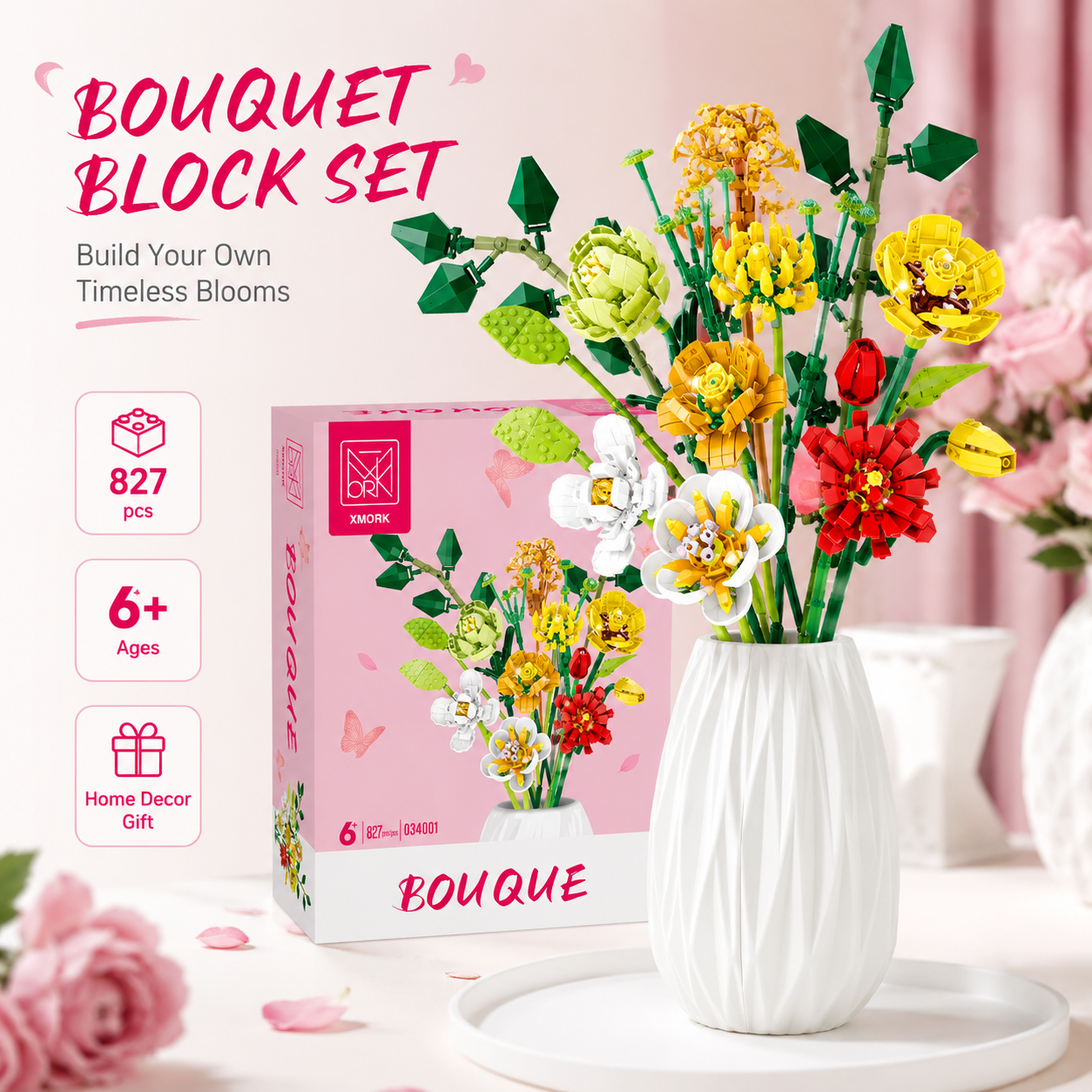 Bouquet Flower Building Blocks - Home Decor Vase With Flowers avaliação e preço
